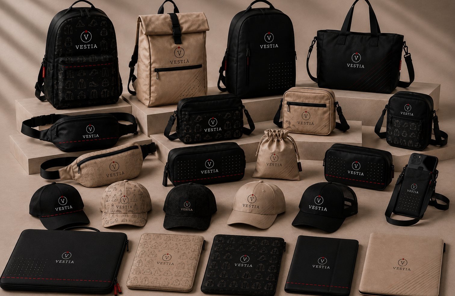 Accesorios VESTIA: mochilas, bolsos, gorras y fundas